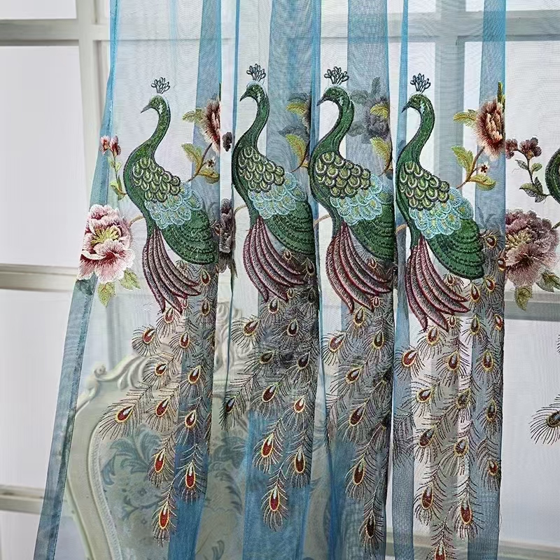 【HD-7】Luxury Blue Peacock Pattern Chenille Embroidered Curtain Fabrics,Soundproof  Customizable Living Room Bedroom Curtains