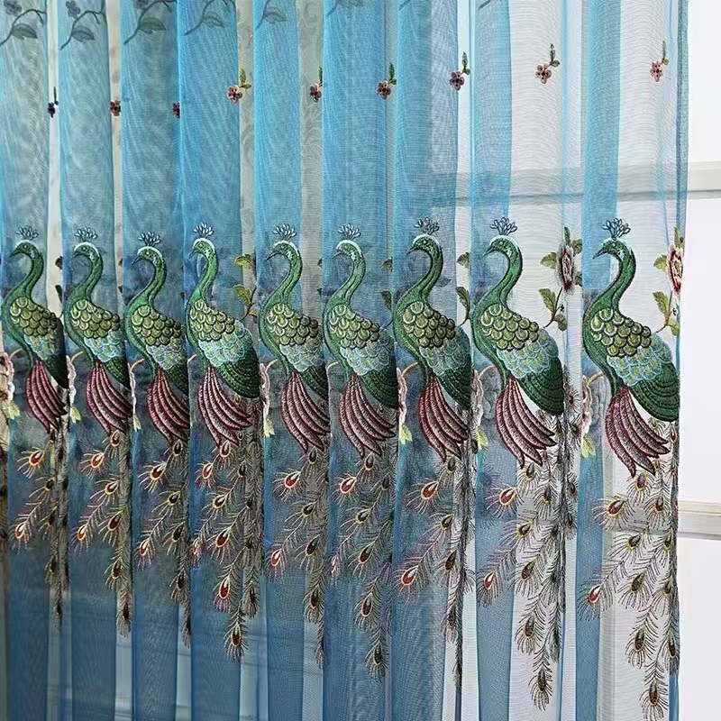 【HD-7】Luxury Blue Peacock Pattern Chenille Embroidered Curtain Fabrics,Soundproof  Customizable Living Room Bedroom Curtains