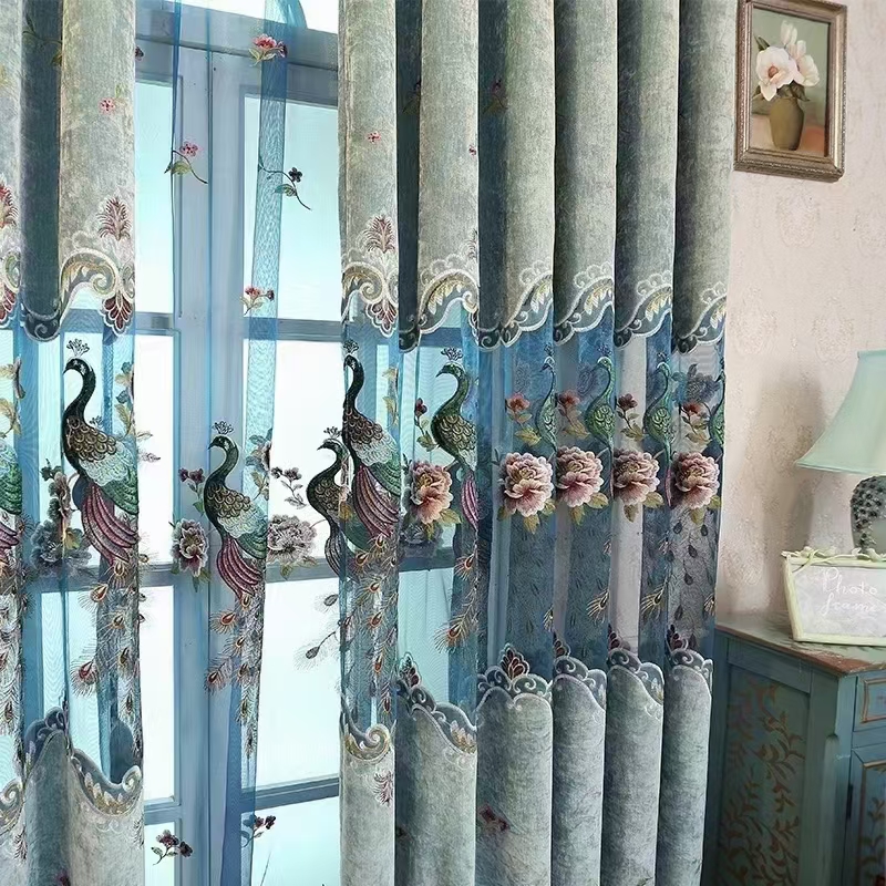 【HD-7】Luxury Blue Peacock Pattern Chenille Embroidered Curtain Fabrics,Soundproof  Customizable Living Room Bedroom Curtains