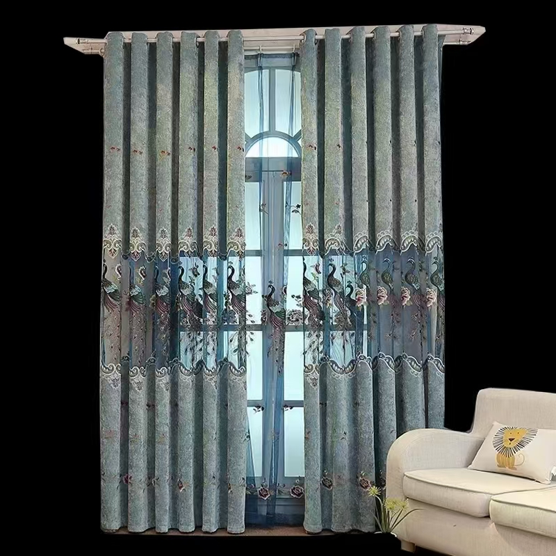 【HD-7】Luxury Blue Peacock Pattern Chenille Embroidered Curtain Fabrics,Soundproof  Customizable Living Room Bedroom Curtains