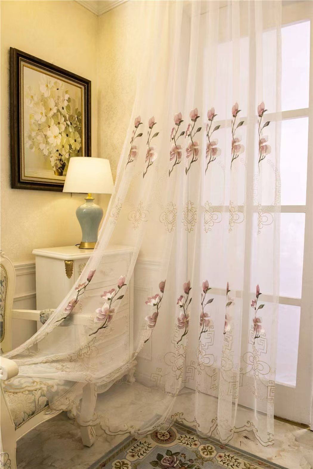 【CF-HKSJ】Elegant  Light Filtering Simple Pink Flowering Plants Embroidered Soft Embroidered Curtain fabric.,Soundproof Modern Style Customizable Living Room Bedroom Curtains