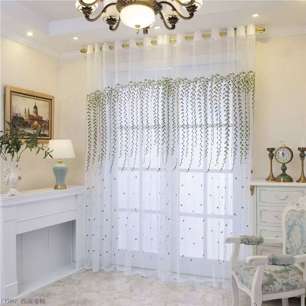 【CF-XHCL】Elegant Light Filtering Simple Green Weeping Willow Leaves Embroidered Soft Embroidered Curtain fabric.,Soundproof Modern Style Customizable Living Room Bedroom Curtains