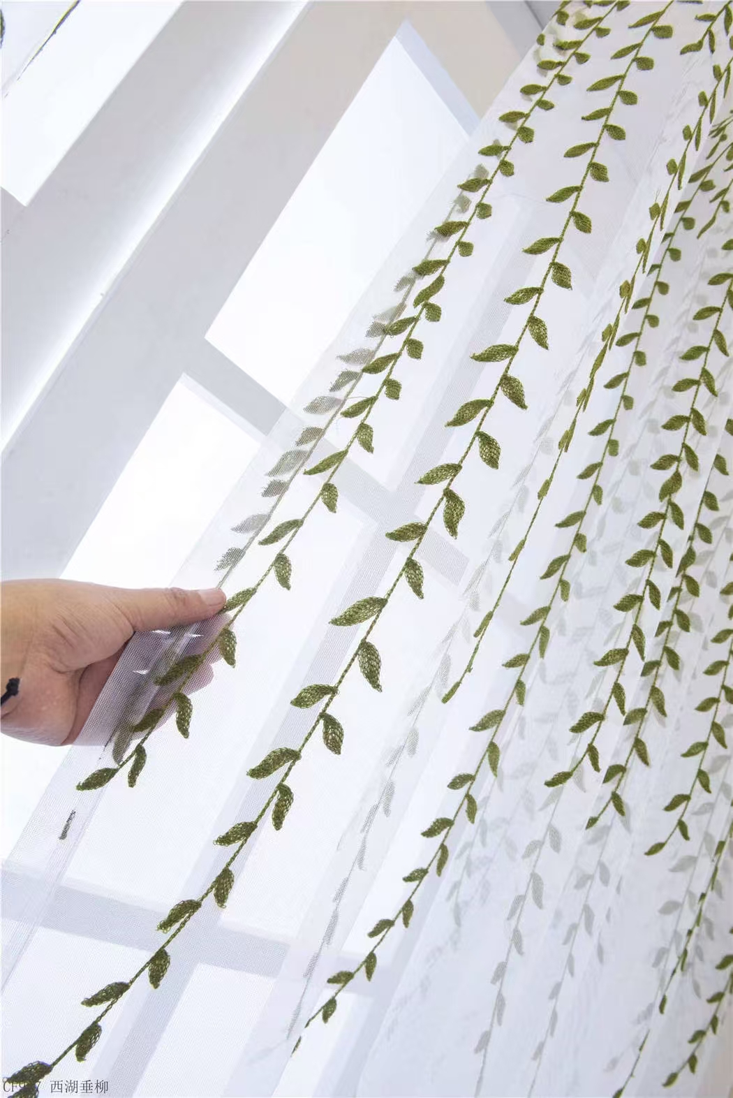 【CF-XHCL】Elegant Light Filtering Simple Green Weeping Willow Leaves Embroidered Soft Embroidered Curtain fabric.,Soundproof Modern Style Customizable Living Room Bedroom Curtains