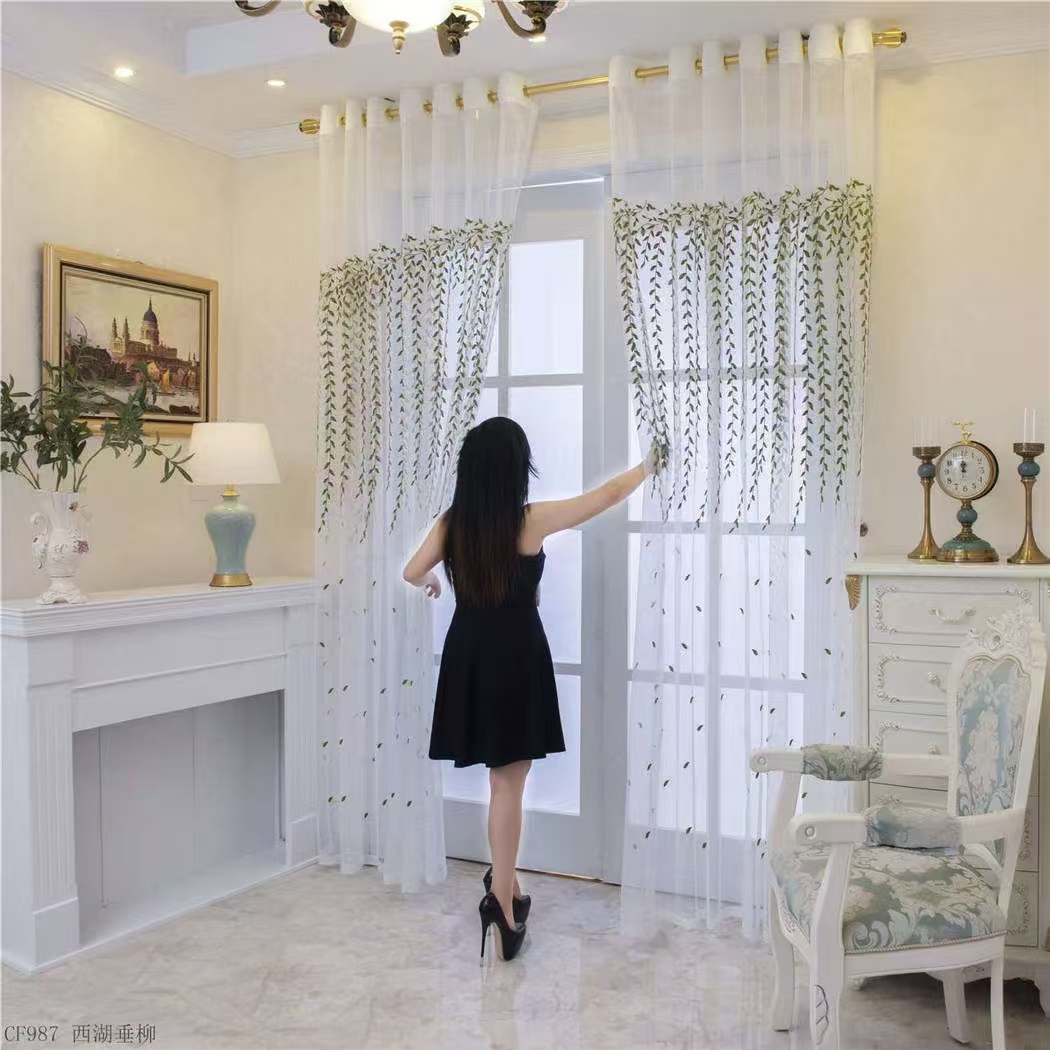 【CF-XHCL】Elegant Light Filtering Simple Green Weeping Willow Leaves Embroidered Soft Embroidered Curtain fabric.,Soundproof Modern Style Customizable Living Room Bedroom Curtains
