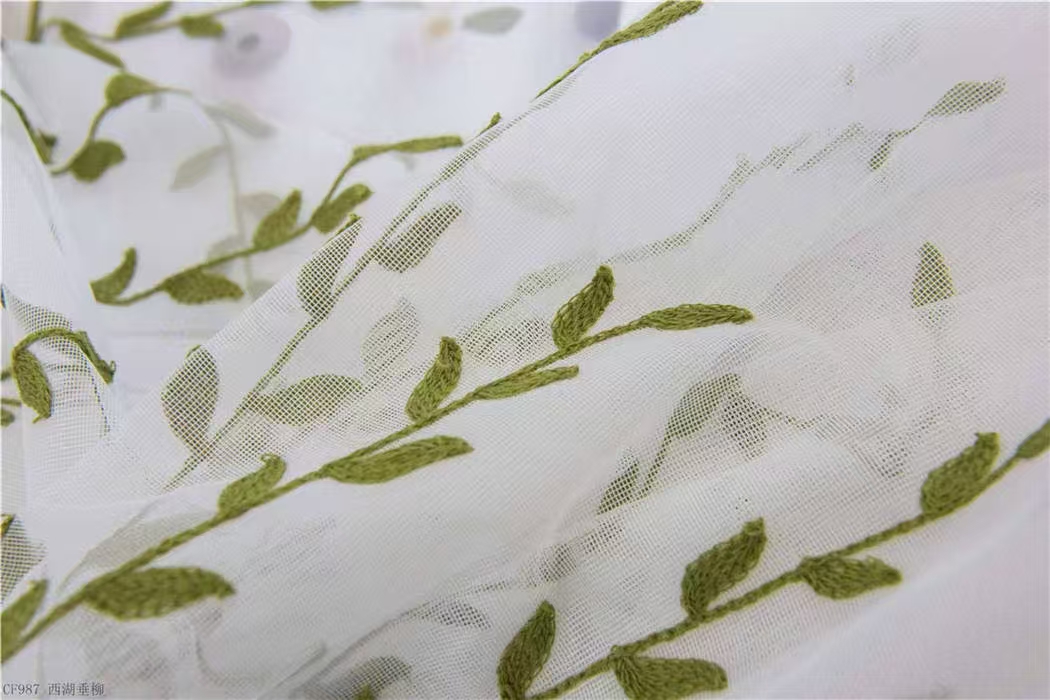 【CF-XHCL】Elegant Light Filtering Simple Green Weeping Willow Leaves Embroidered Soft Embroidered Curtain fabric.,Soundproof Modern Style Customizable Living Room Bedroom Curtains