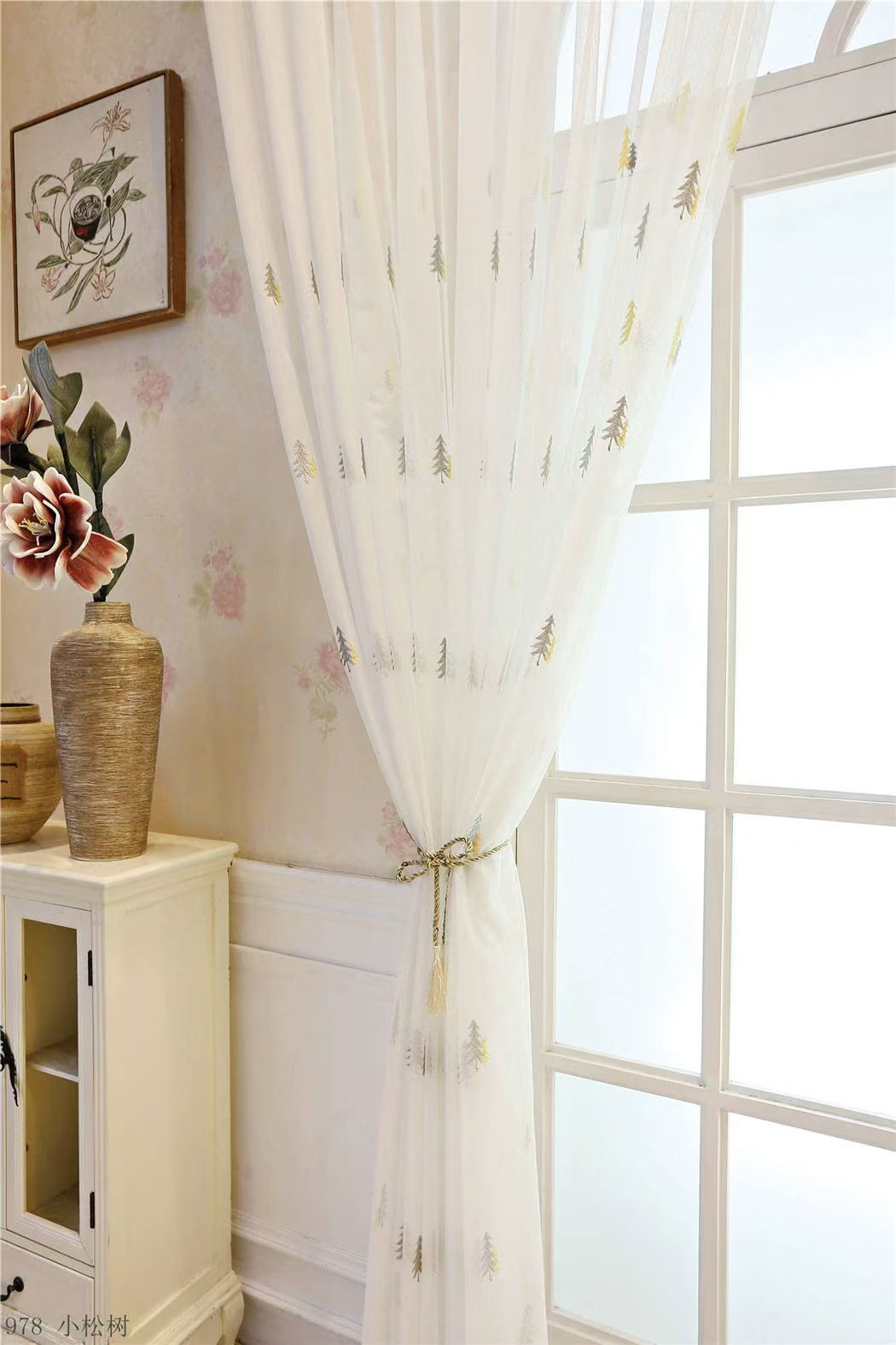 【CF-XSS】Elegant Light Filtering Simple Little Pine Tree Embroidered Soft Embroidered Curtain fabric.,Soundproof Modern Style Customizable Living Room Bedroom Curtains