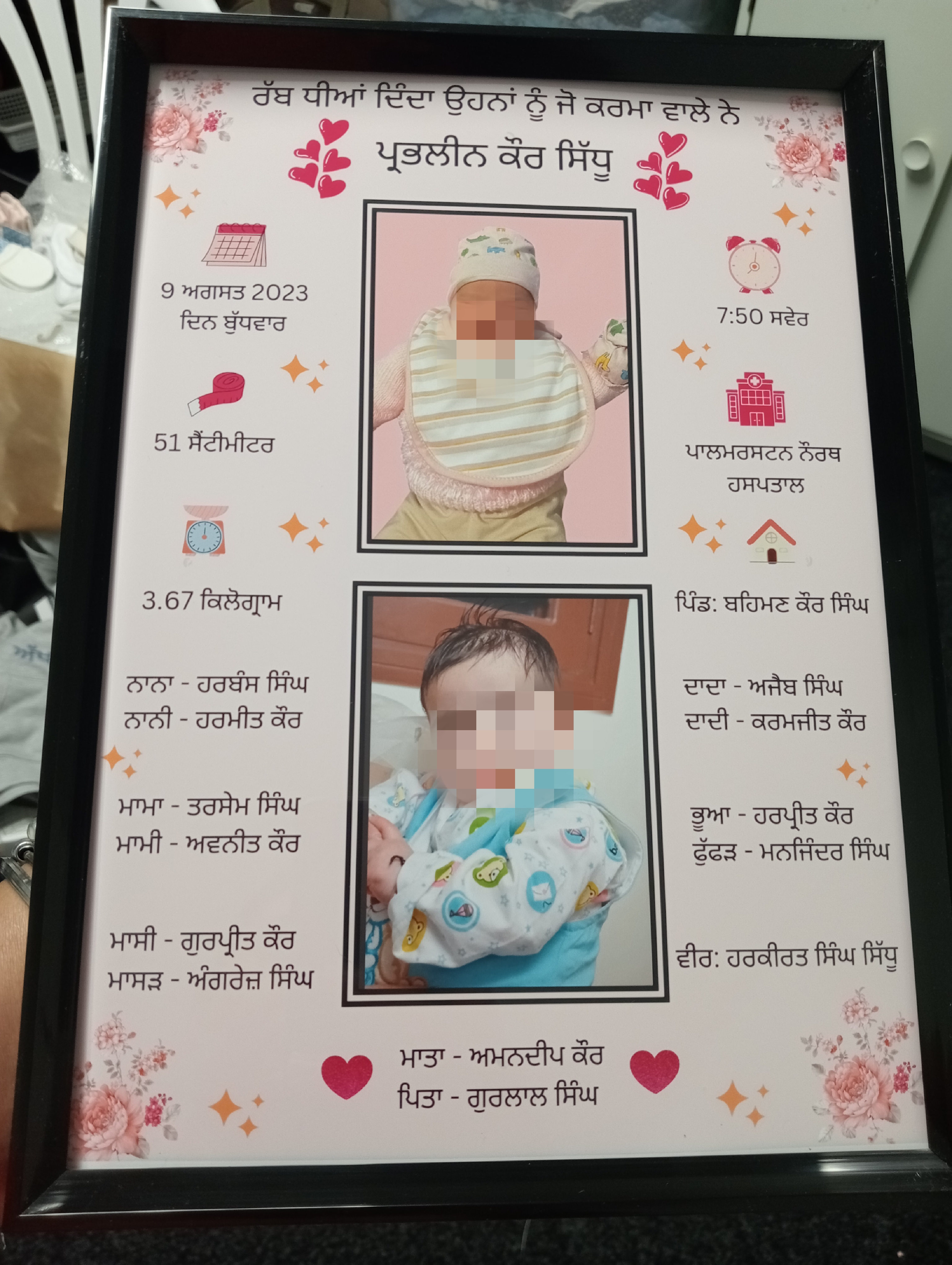 Baby birth details frame in Punjabi / Best gift for kids /  customize  