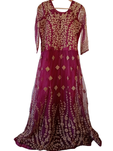 Embroidered Maroon Long net Gown, size 40 