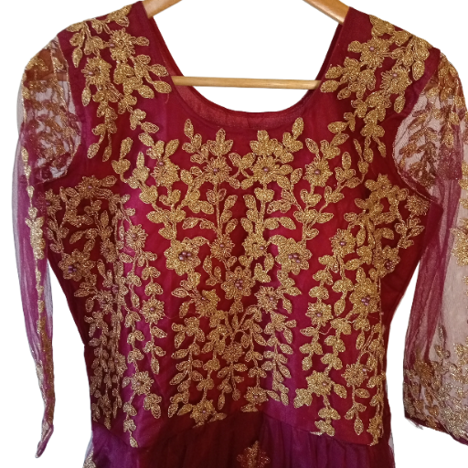 Embroidered Maroon Long net Gown, size 40 