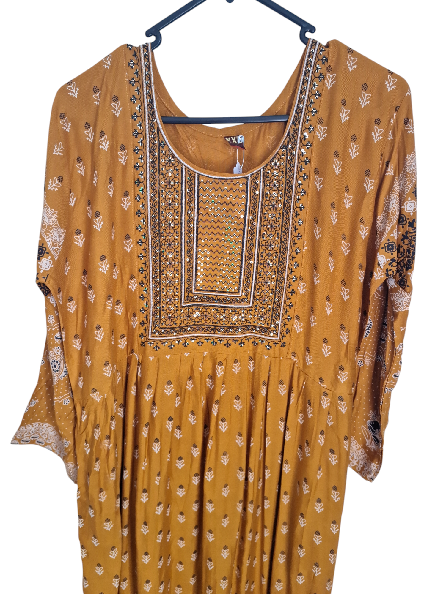 Embroidered and printed Mustard brown Flair Kurti, Size 42