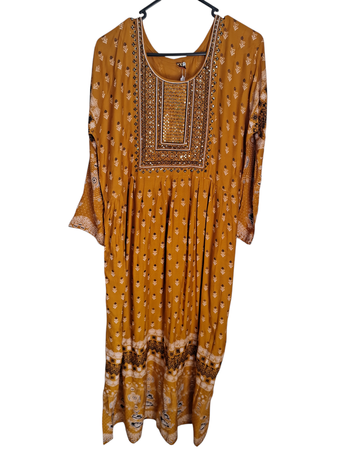 Embroidered and printed Mustard brown Flair Kurti, Size 42
