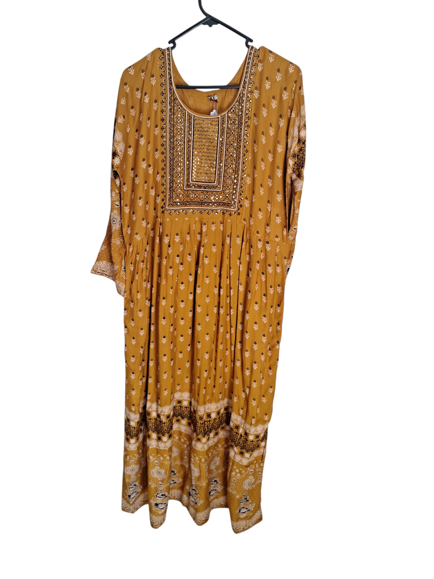 Embroidered and printed Mustard brown Flair Kurti, Size 42