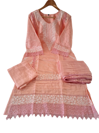 Embroidered peach colored Pakistani style Palazzo suit, size 38, 40, 42 and 44