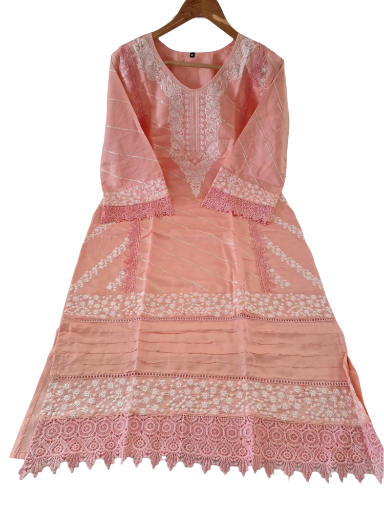 Embroidered peach colored Pakistani style Palazzo suit, size 38, 40, 42 and 44