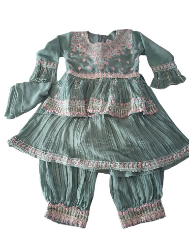 Embroidered Afghani Salwar suit with Flair kurti, Size 24 (4 years), 28 (7 years)