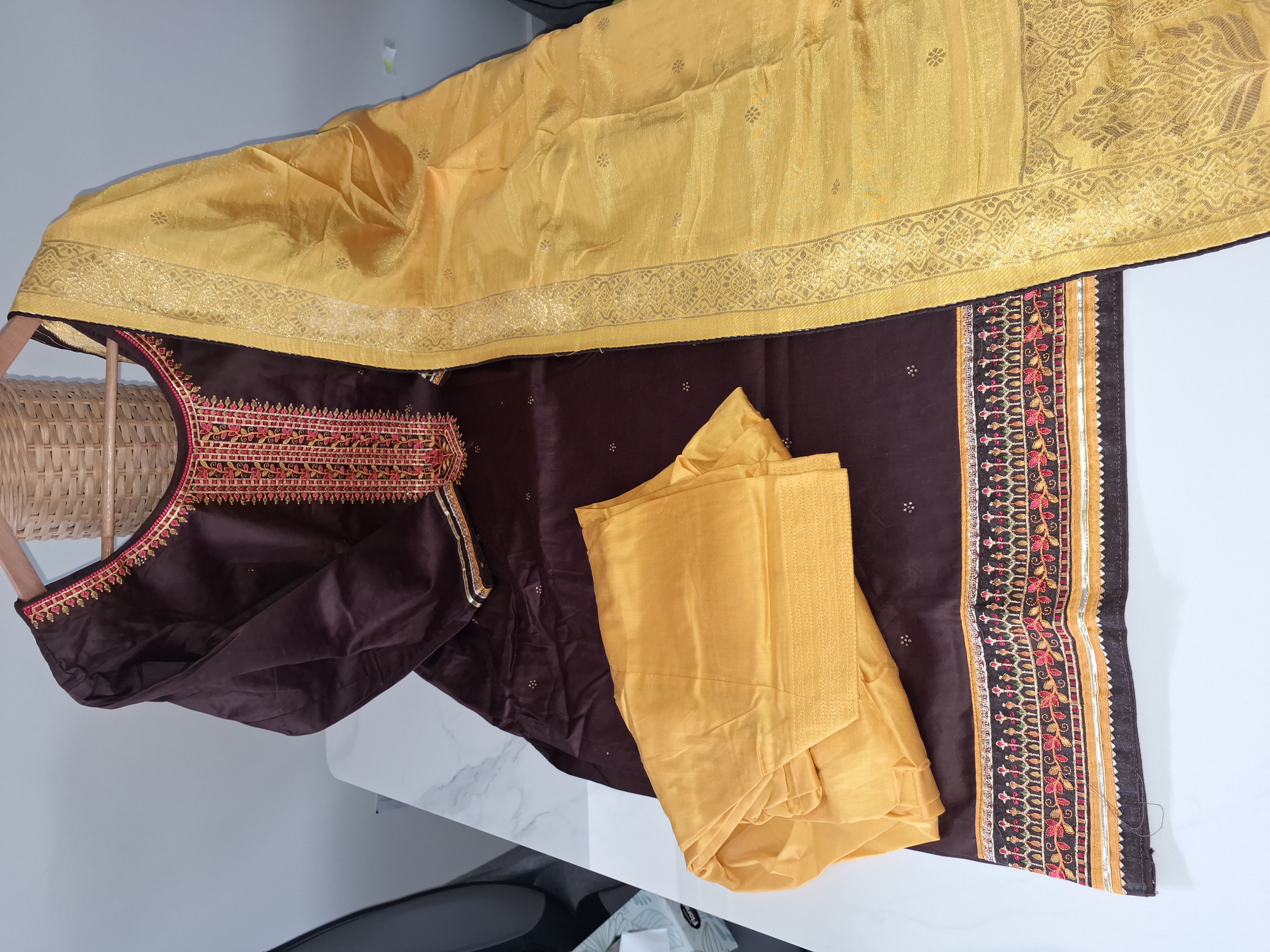 Coffee brown and Yellow Salwar Suit Size 42