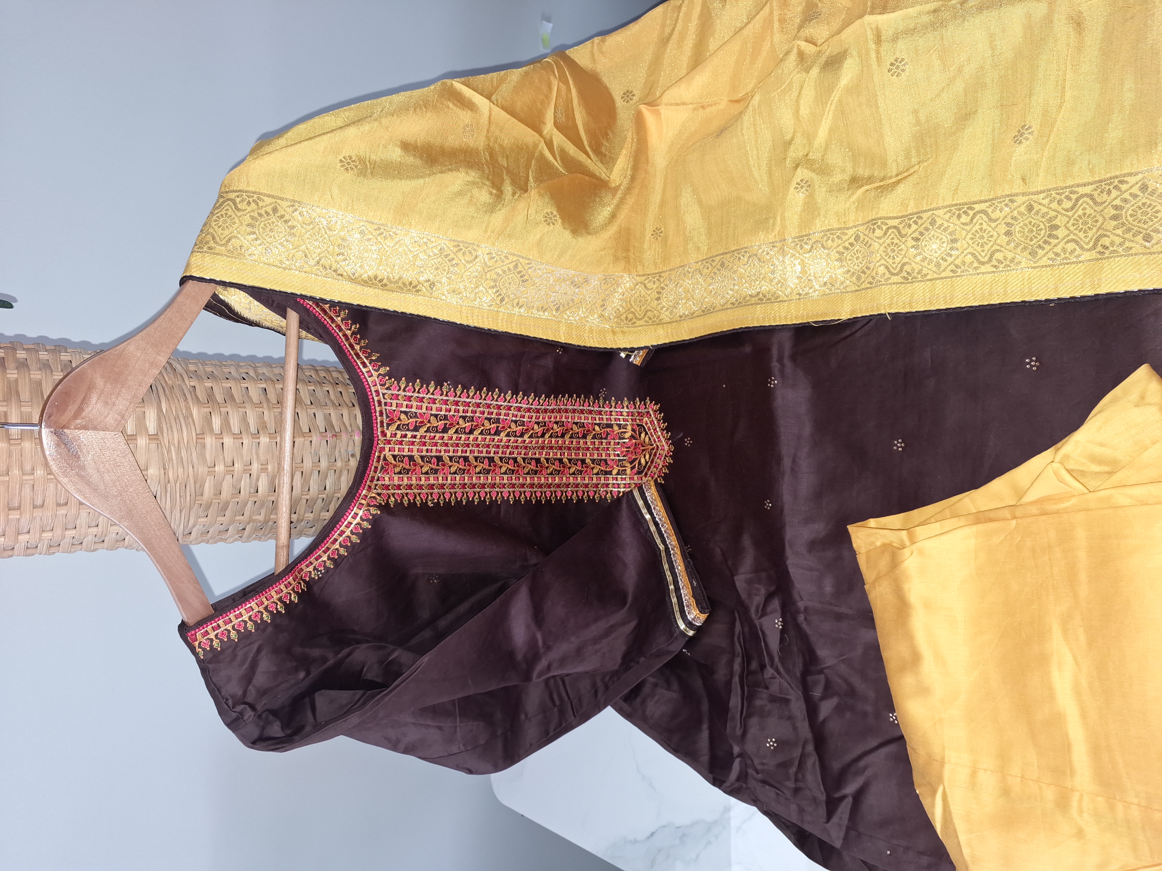 Coffee brown and Yellow Salwar Suit Size 42