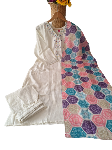 Colorful Hexagon-Patterned Dupatta with Palazzo pant suit, sizes 40, 42, 44, & 46