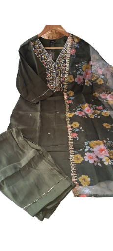 Elegant Mehndi Green Hand Embroidered Suit, size 46, 48 and 50