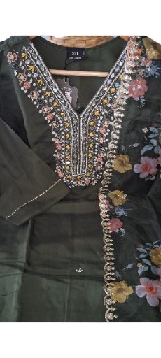 Elegant Mehndi Green Hand Embroidered Suit, size 46, 48 and 50