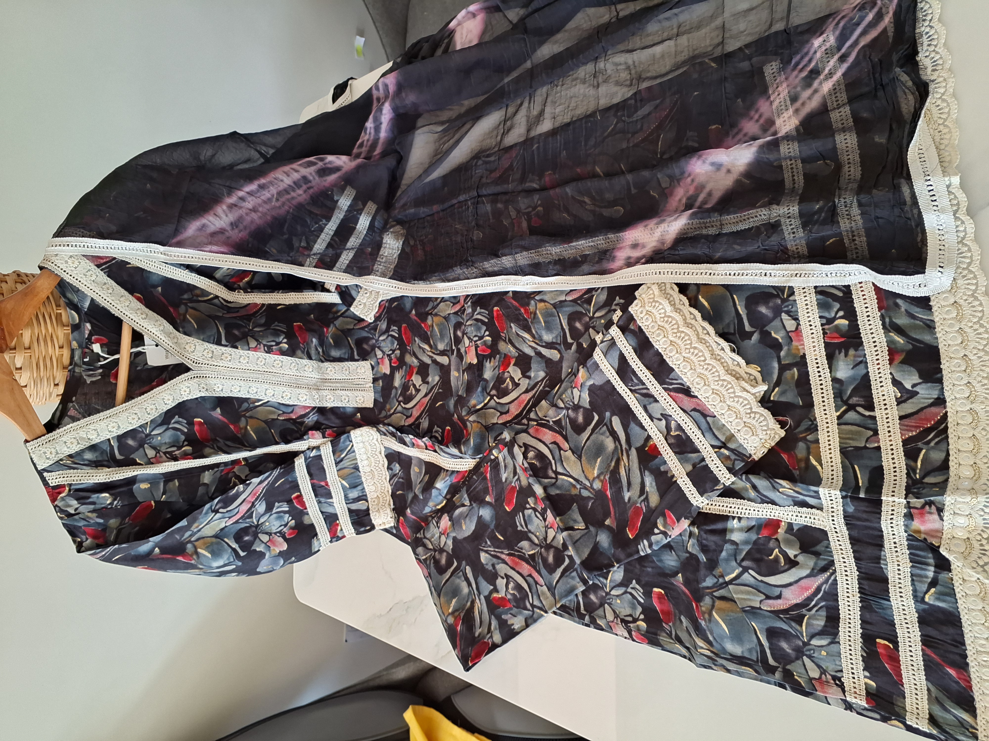 Printed Palazzo suit with Lace details, Size 38, 40 