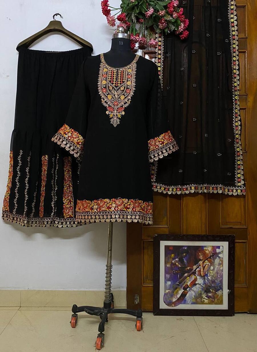 Size 44, DESIGNER GEORGETTE EMBROIDERY WORK TOP SHARARA WITH DUPATTA BLACK