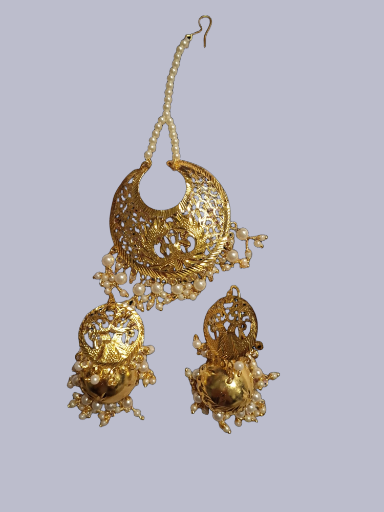 Traditional Golden oversized Earrings and Tikka Set