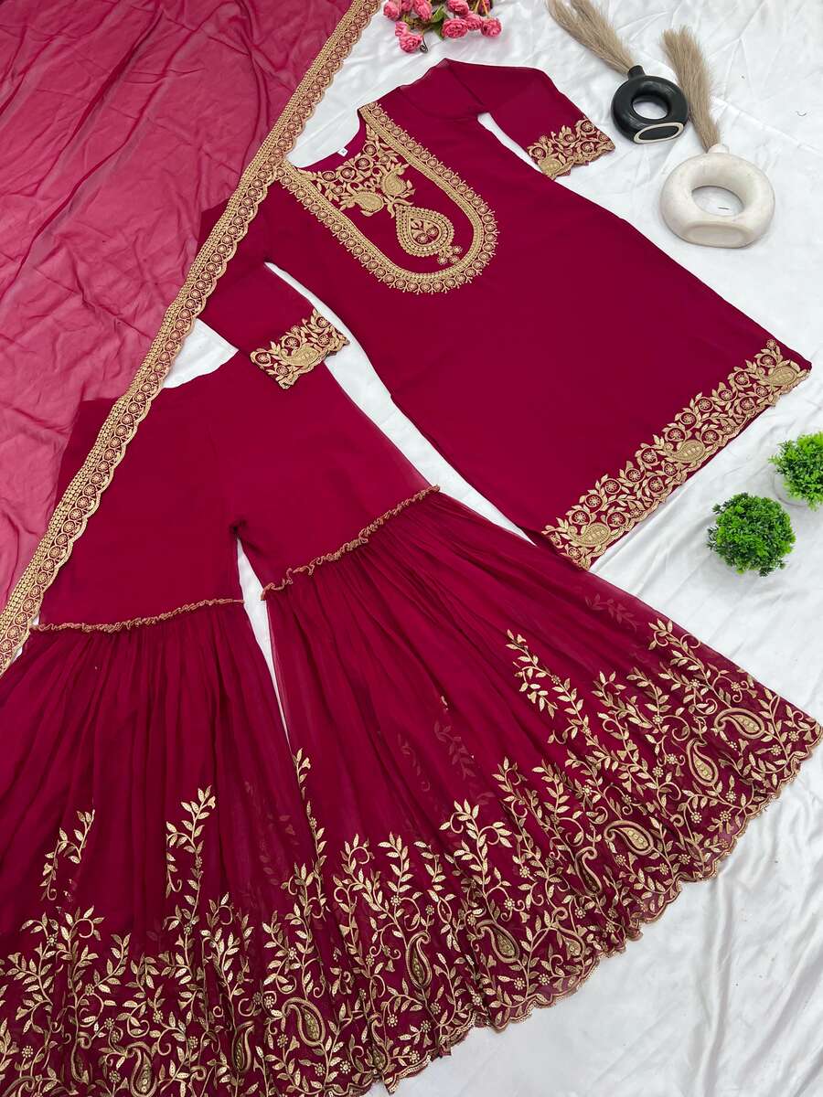 Embroidered Pinkish Red Sharara Suit, size 40, 42 and 44