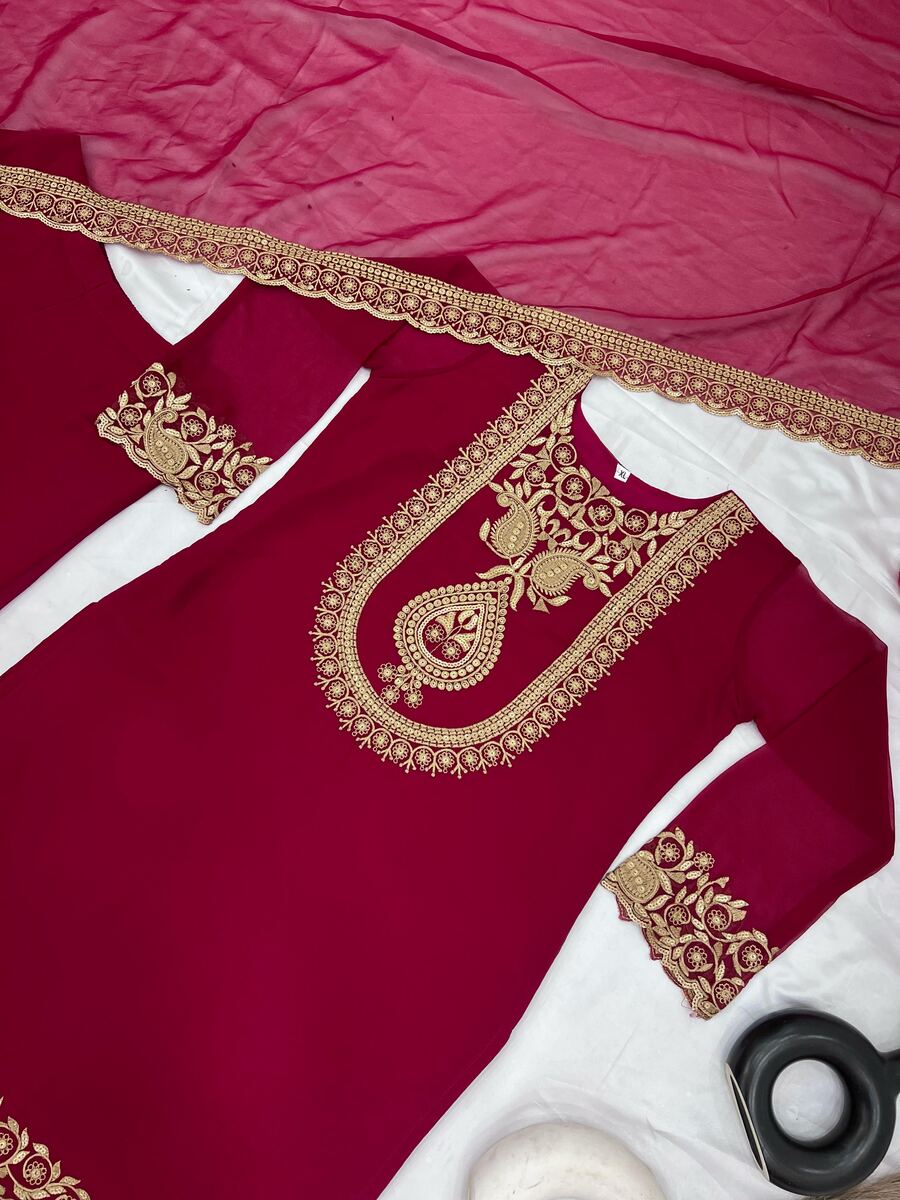 Embroidered Pinkish Red Sharara Suit, size 40, 42 and 44
