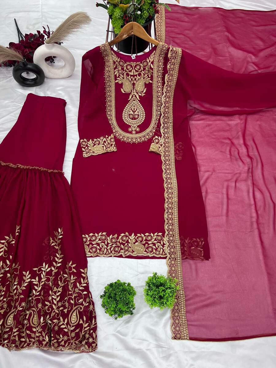 Embroidered Pinkish Red Sharara Suit, size 40, 42 and 44