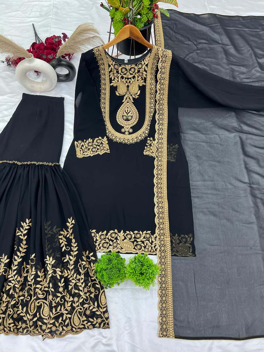 Embroidered Black Sharara Suit, size 40, 42 
