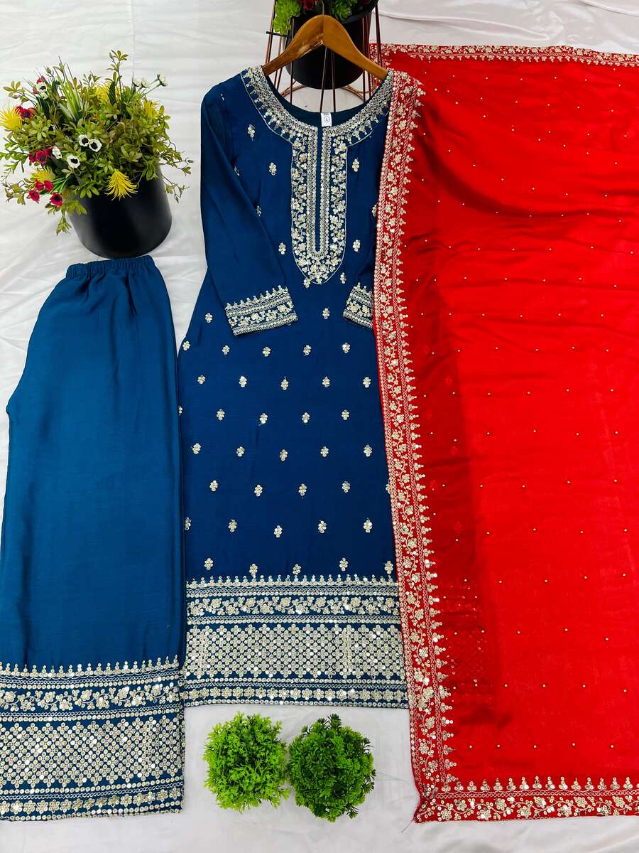 Embroidered Blue Top Palazzo with Red Dupatta, size 40 