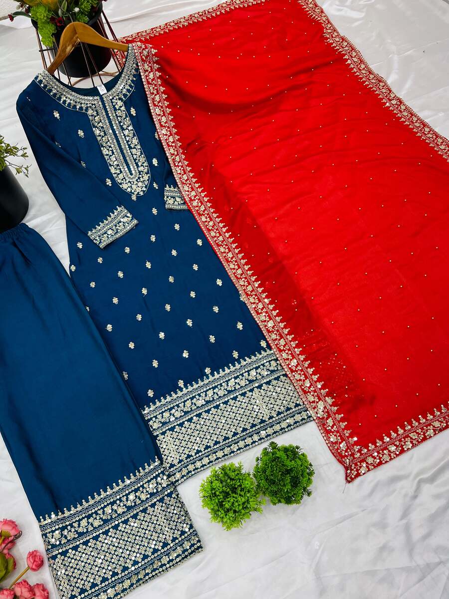 Embroidered Blue Top Palazzo with Red Dupatta, size 40 