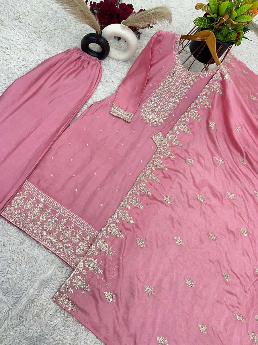 Embroidered baby pink Palazzo Suit, size 38 and 42