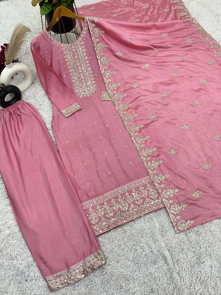 Embroidered baby pink Palazzo Suit, size 38 and 42