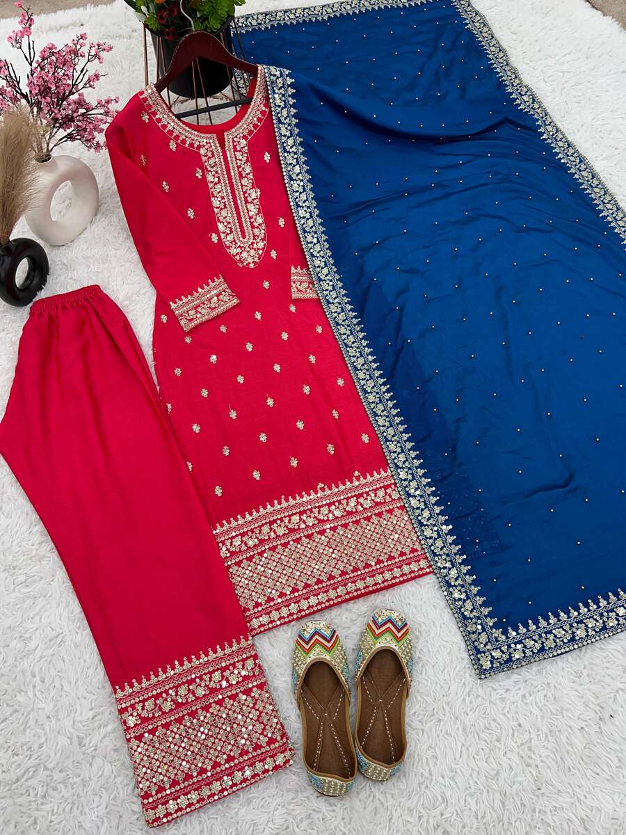 Embroidered Pink Palazzo Suit with Blue Dupatta, size 42 and 44