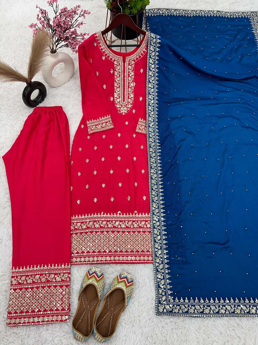 Embroidered Pink Palazzo Suit with Blue Dupatta, size 42 and 44