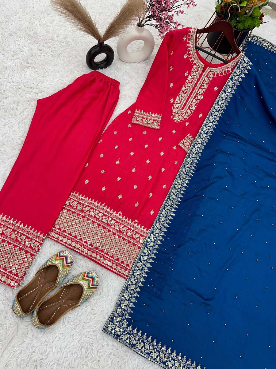 Embroidered Pink Palazzo Suit with Blue Dupatta, size 42 and 44