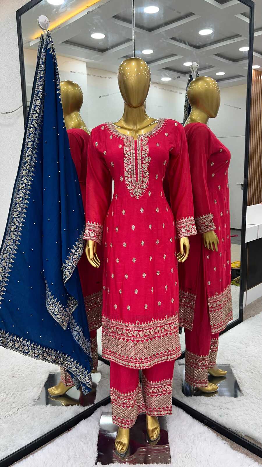 Embroidered Pink Palazzo Suit with Blue Dupatta, size 42 and 44