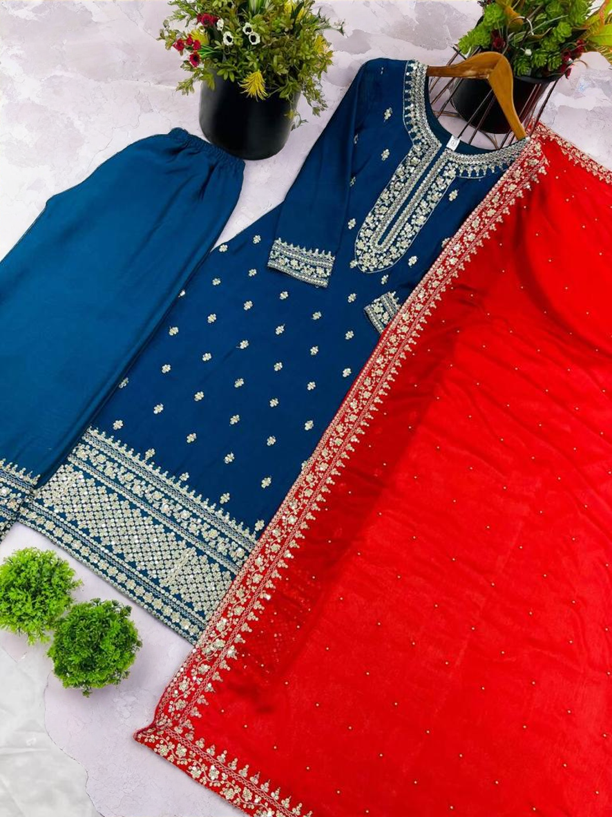 Embroidered Blue Top Palazzo with Red Dupatta, size 40 