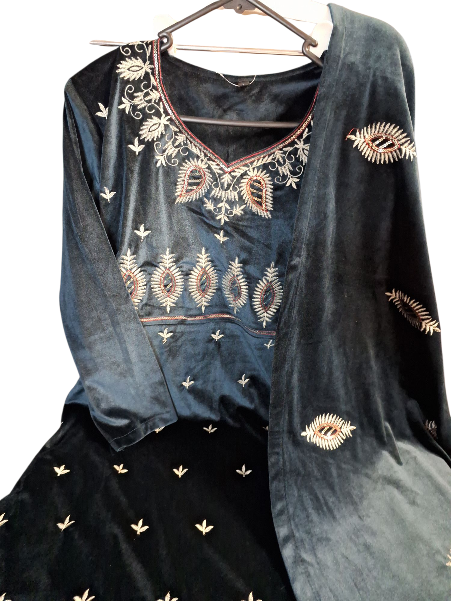 Velvet Embroidered Anarkali Palazzo suit, size 40 left