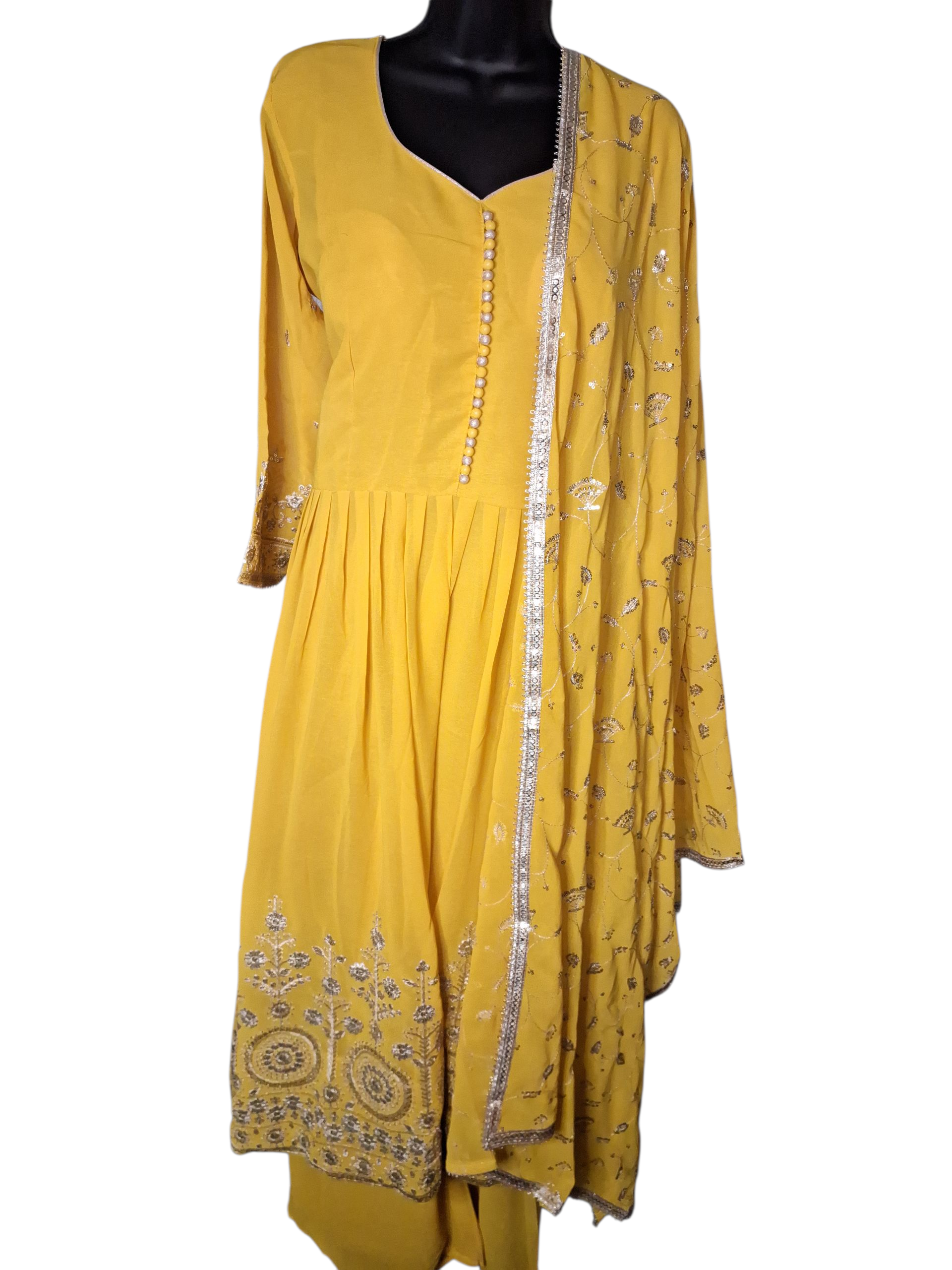 Embroidered mustard yellow anarkali with palzzo suit, size 44-46 