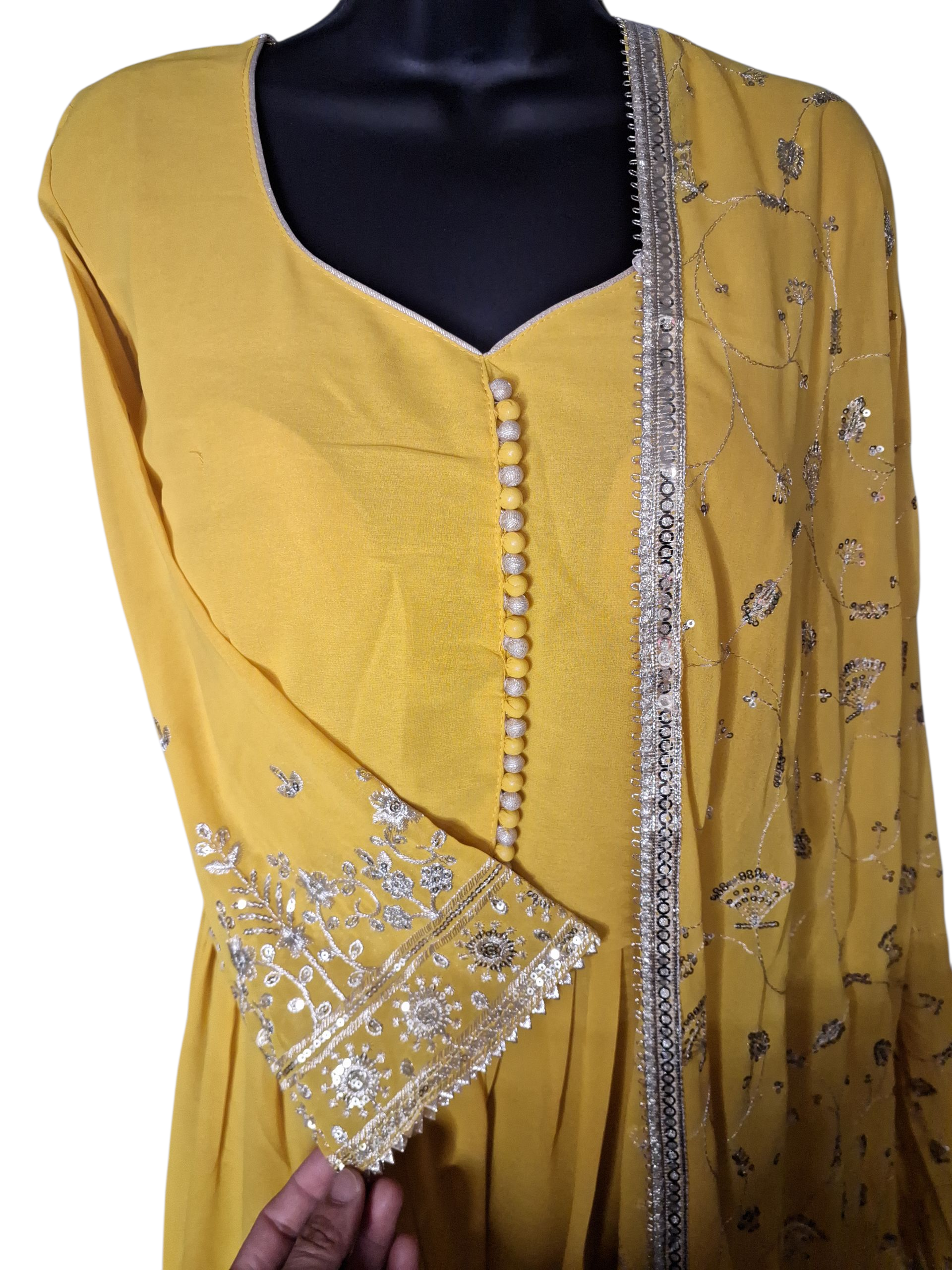 Embroidered mustard yellow anarkali with palzzo suit, size 44-46 