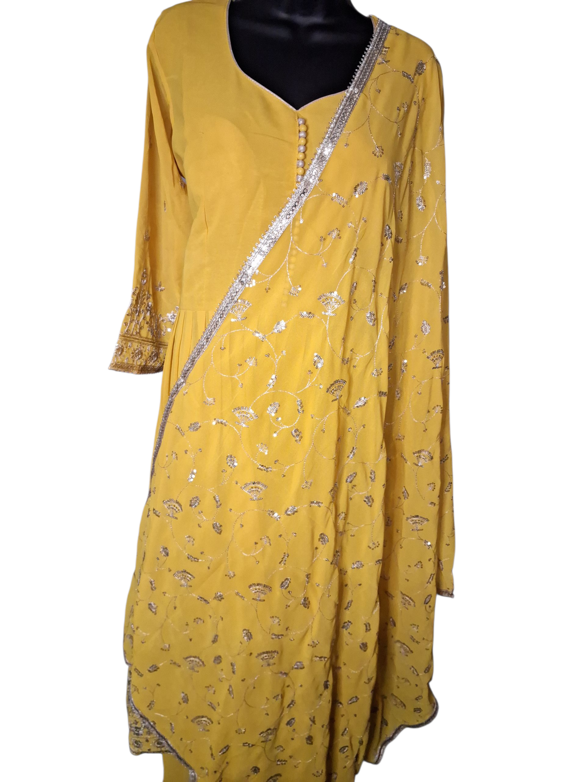 Embroidered mustard yellow anarkali with palzzo suit, size 44-46 