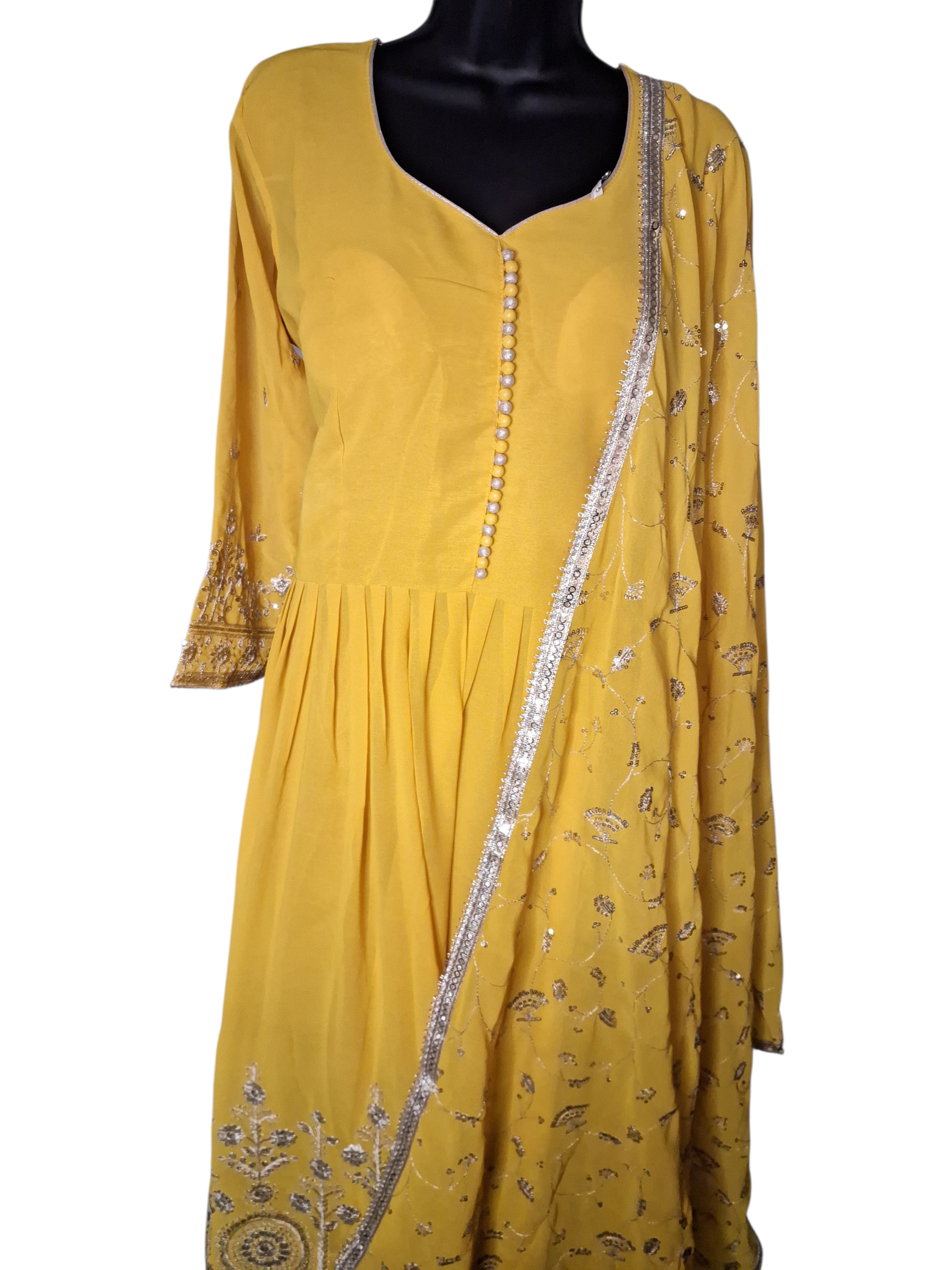 Embroidered mustard yellow anarkali with palzzo suit, size 44-46 