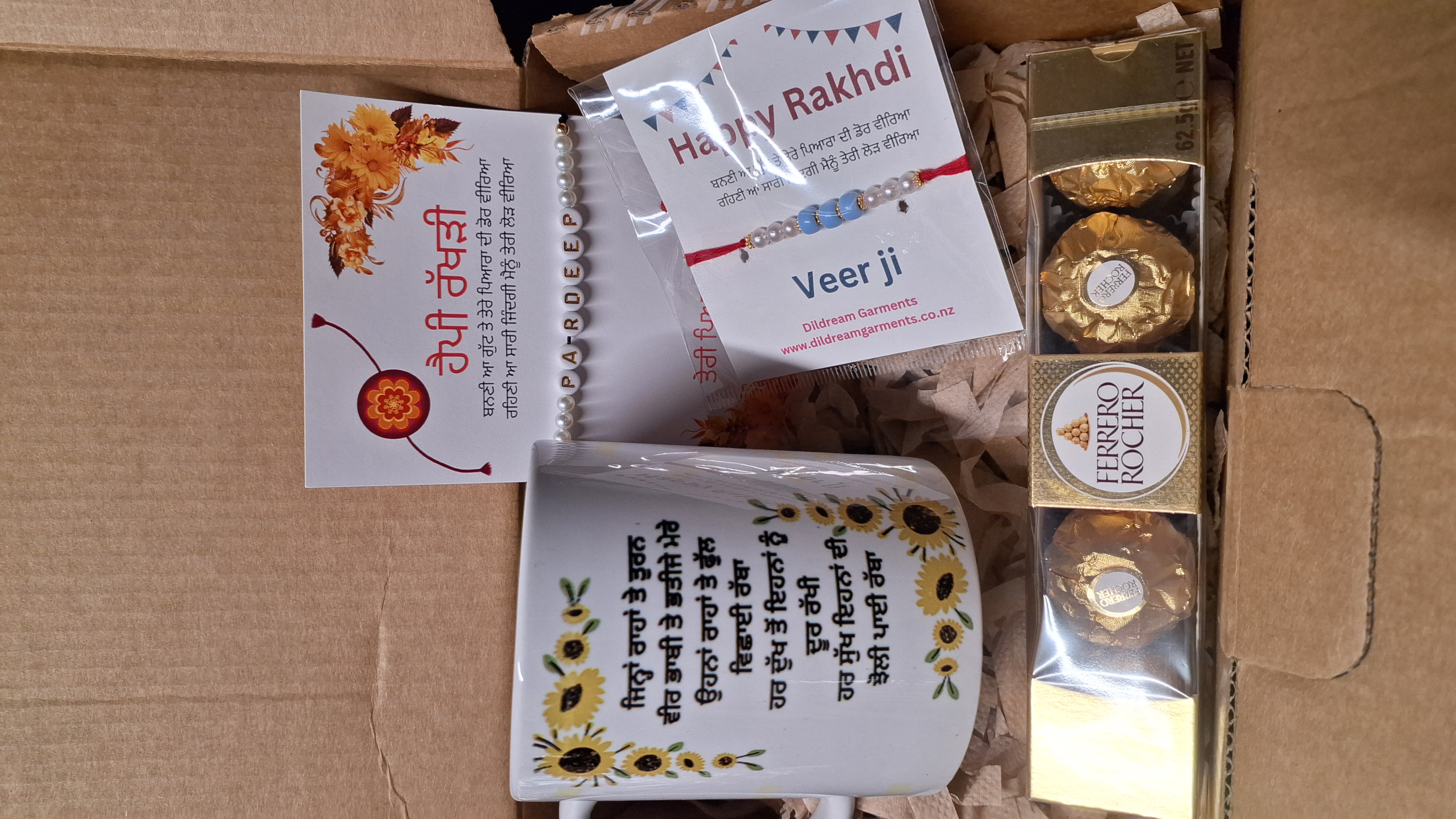 Hand-made name rakhi with customized mug