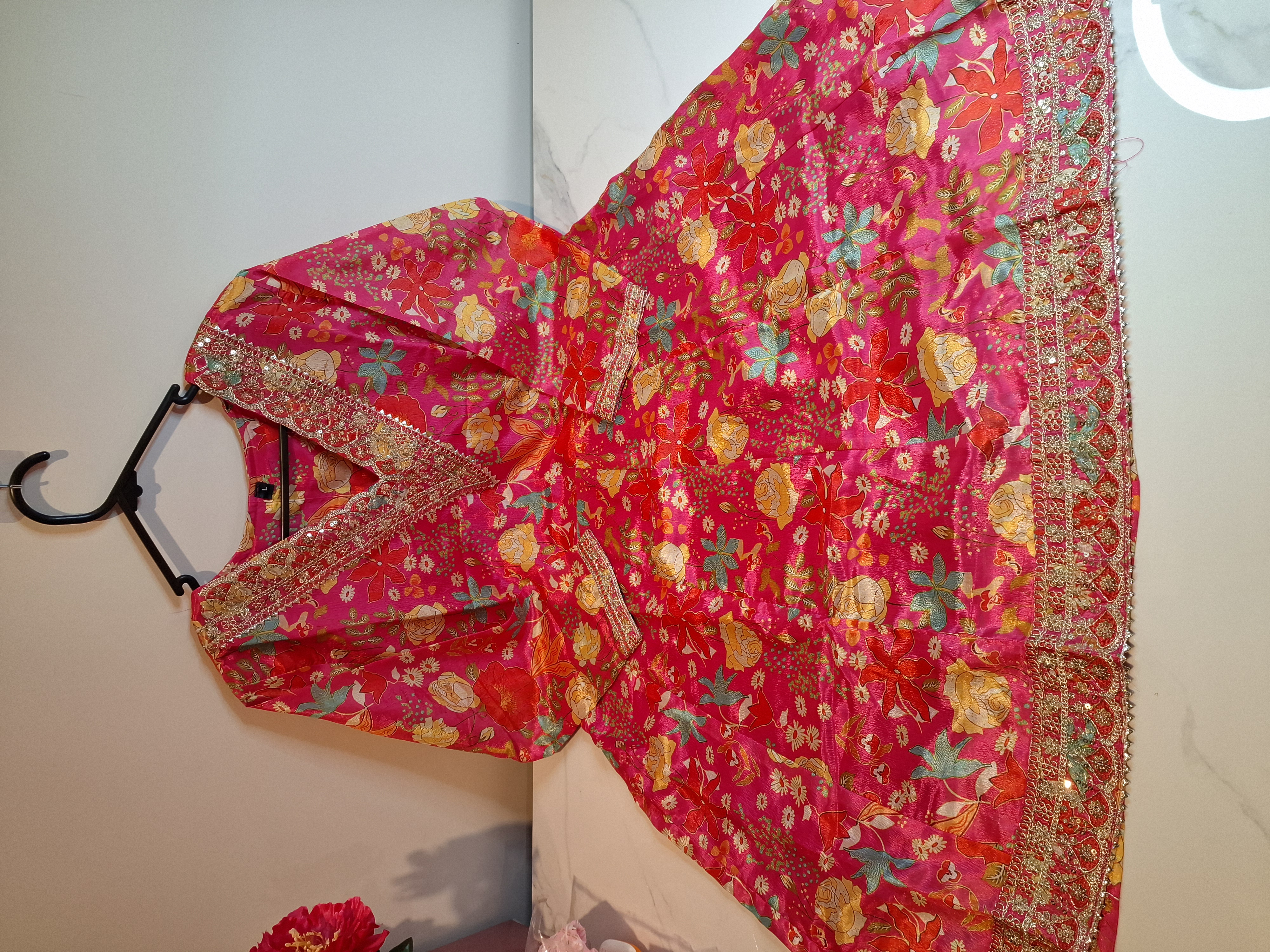 Pink with Multicolor peplum Sharara suit, size 42