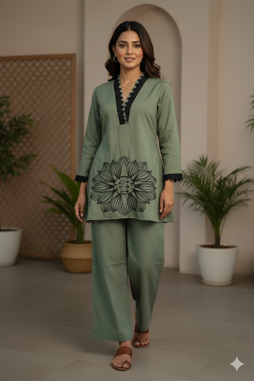 Olive Green hand Embroidered Co-ord set sizes 38, 40, 42