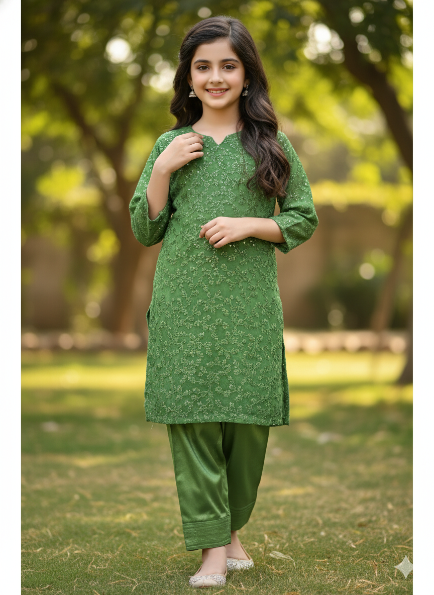 Green Embellished Salwar Suit, Size 24 (4 years)