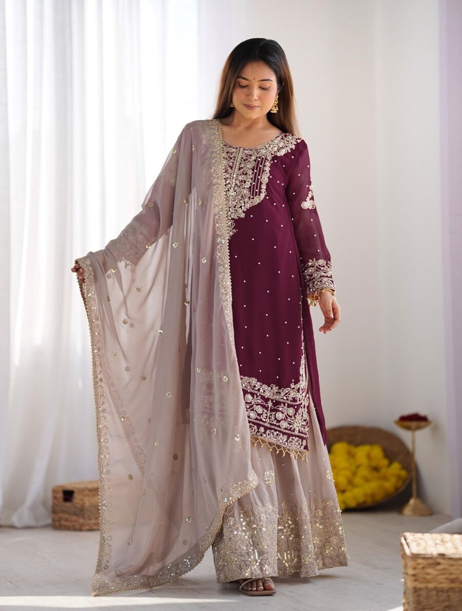 Wine and beige colored Garara suit, size 38, 44, 46, 48 and 50